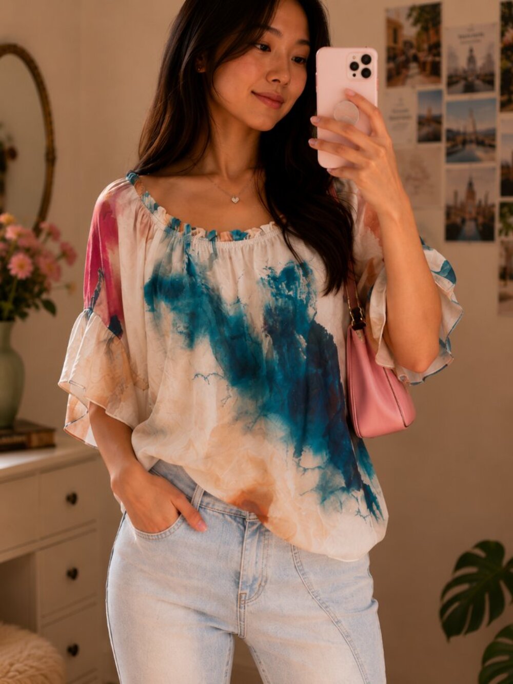 Watercolor Peasant Blouse Size M Bellambra Silk Top